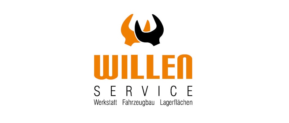 Logo mit "WILLEN SERVICE" in Orange und Schwarz, darunter "Werkstatt", "Fahrzeugbau", "Lagerflächen".