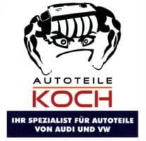 Logo mit stilisiertem Gesicht aus Autoteilen, Text: „AUTOTEILE KOCH“, Spezialist für Audi und VW.