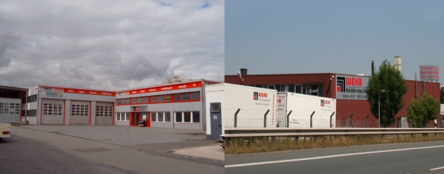 Zwei Industriegebäude: Links ein Auto-Servicezentrum, rechts eine rote Fabrik mit klarem Himmel.