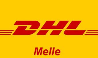 DHL-Logo in Rot auf gelbem Hintergrund mit dem Zusatz "Melle", vermittelt Schnelligkeit und Energie.