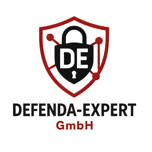 Logo der DEFENDA-EXPERT GmbH: Rotes Schild mit Schloss und "DE", schwarzer Schriftzug darunter.
