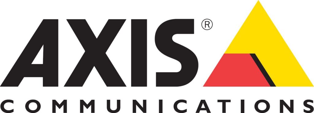 Das Axis Communications Logo zeigt den Schriftzug "AXIS" und ein dreifarbiges Dreieck in Gelb, Rot und Schwarz.