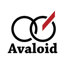 Logo mit zwei ineinander greifenden Kreisen, rotem Pfeil und dem Schriftzug "Avaloid" in schwarzer Schrift.