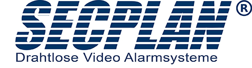 Logo von SECPLAN mit dem Slogan "Drahtlose Video Alarmsysteme" in blauen Buchstaben auf weißem Hintergrund.