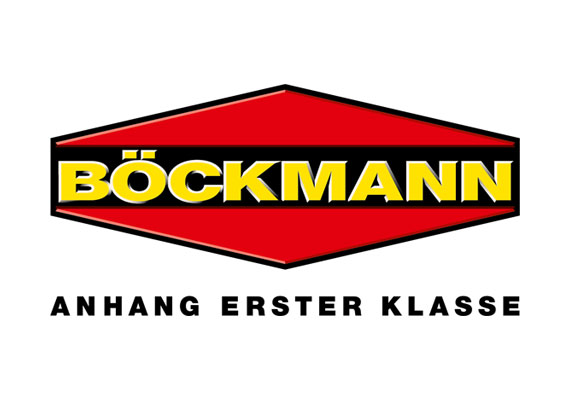 Ein rotes sechseckiges Logo mit "BÖCKMANN" in Gelb und "ANHANG ERSTER KLASSE" in Schwarz.