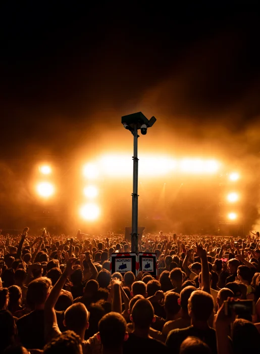 ViSec Security Tower auf einem Konzert, im Vordergrund für die Überwachung der Menschenmenge und der Bühne.