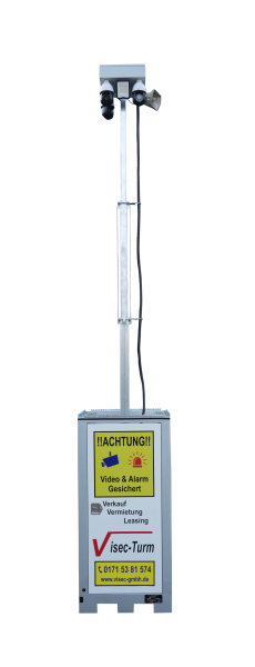 ViSec Videoturm mit ausfahrbarem Mast, ausgestattet mit zwei Kameras und einem Lautsprecher. Das Gehäuse trägt ein 'Achtung! Video & Alarm Gesichert'-Schild und bietet Kontaktinformationen für Verkauf, Vermietung und Leasing.