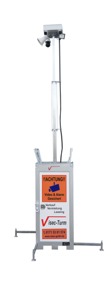 ViSec Kameraturm mit Video- und Alarmsystem für Baustellenüberwachung, verfügbar in Städten wie Osnabrück, Bielefeld und Dortmund.